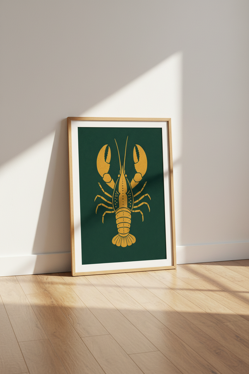 Yellow Lobster Wall Art Print | Kitchen Dining Decor | Moody Coastal Poster