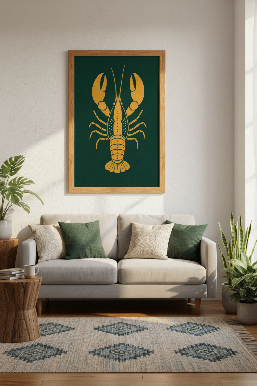 Yellow Lobster Wall Art Print | Kitchen Dining Decor | Moody Coastal Poster