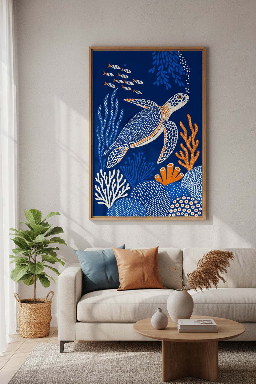 Sea Turtle Wall Art Print | Navy Blue Coastal Decor | Modern Folk Art Poster