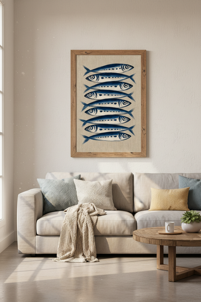 Indigo Blue Sardine Wall Art | Coastal Kitchen Navy Fish Print | Nautical Beach Decor
