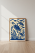 Sea Turtle Linocut Wall Art Print | Coastal Bathroom Decor | Navy Blue Nautical Poster