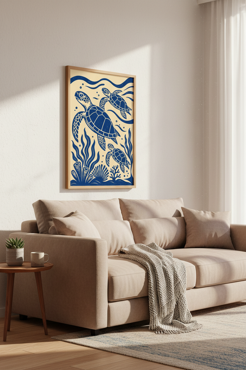 Sea Turtle Linocut Wall Art Print | Coastal Bathroom Decor | Navy Blue Nautical Poster