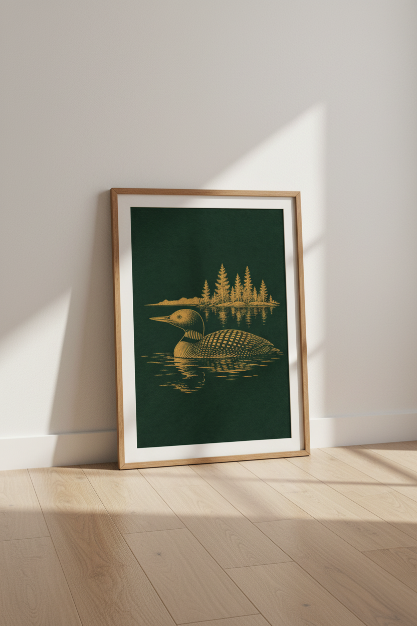 Common Loon Lake Wall Art | Forest Green &amp; Gold Nature Poster | Rustic Cabin Decor