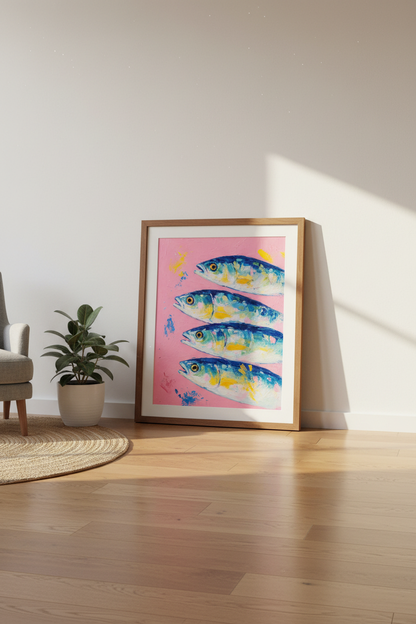 Mackerel Fish Painting | Pink Coastal Wall Art Print, Kitchen Decor Aesthetic