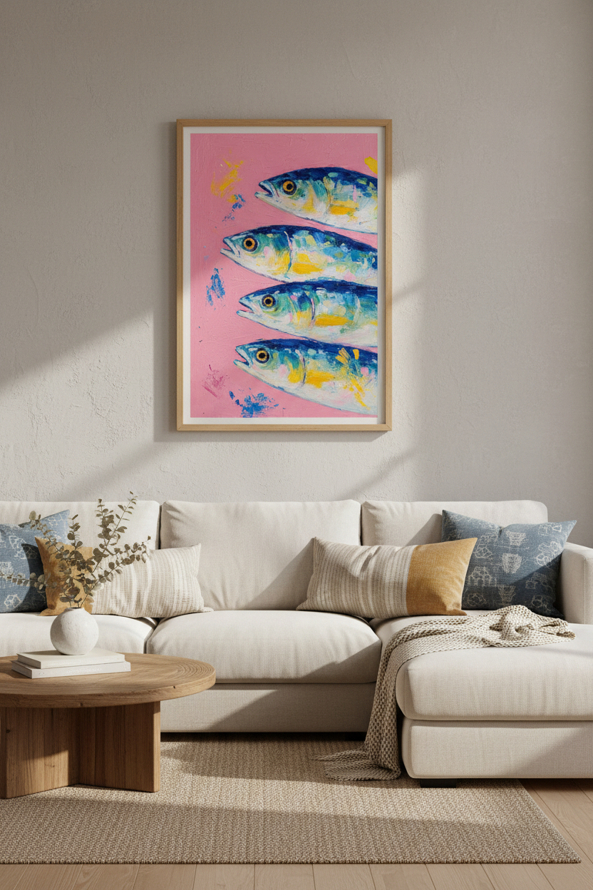 Mackerel Fish Painting | Pink Coastal Wall Art Print, Kitchen Decor Aesthetic