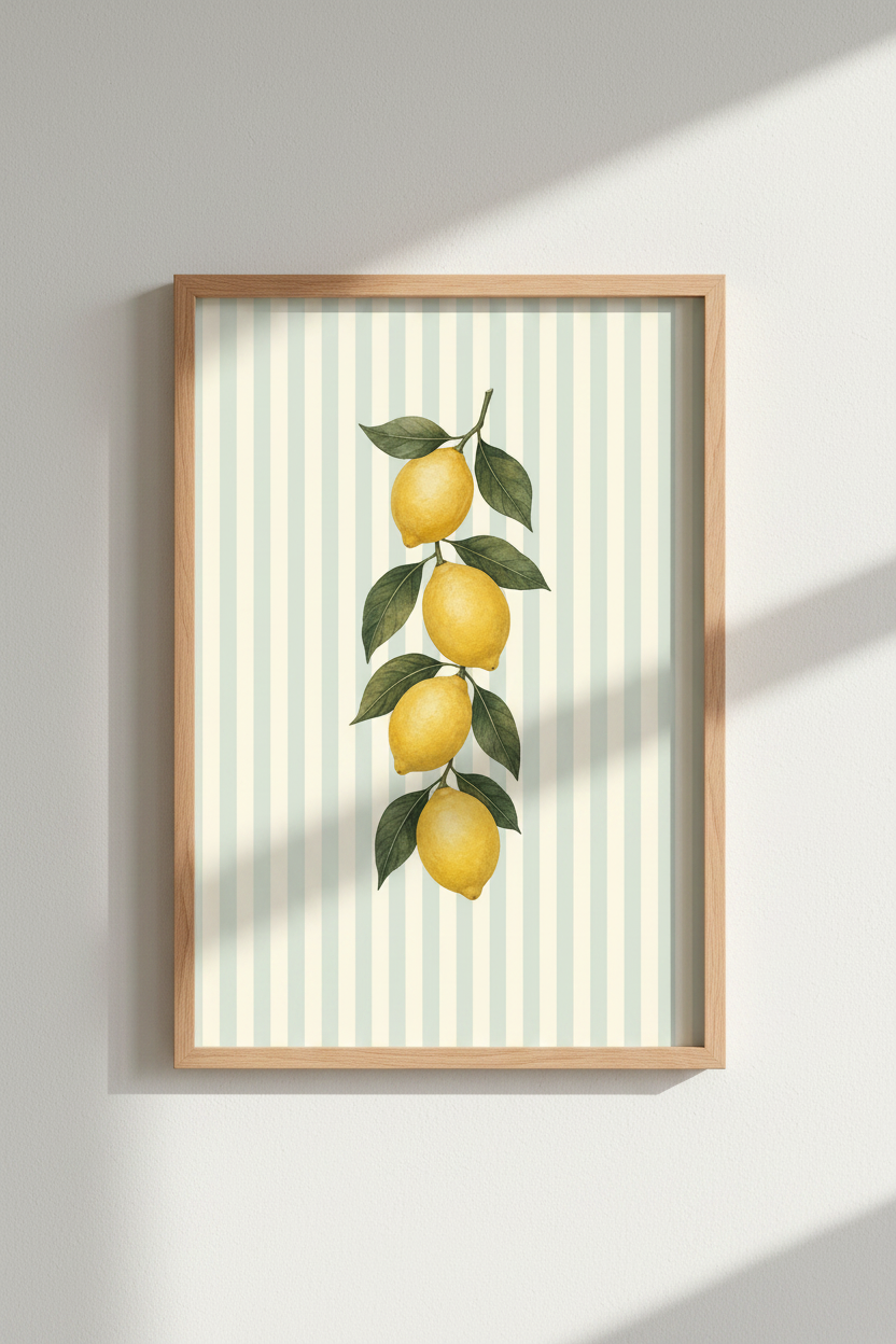Lemon Kitchen Wall Art Print | Vintage Botanical Citrus Decor | Striped Poster