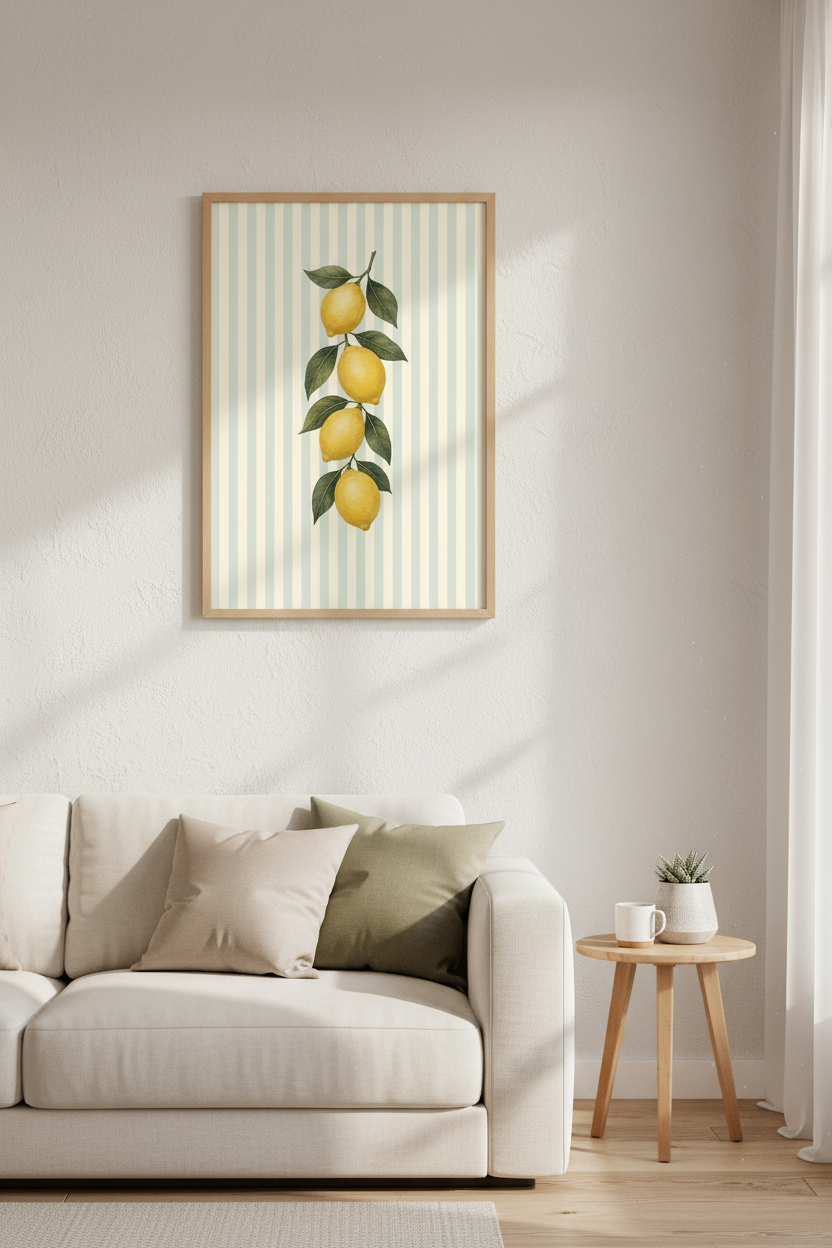 Lemon Kitchen Wall Art Print | Vintage Botanical Citrus Decor | Striped Poster