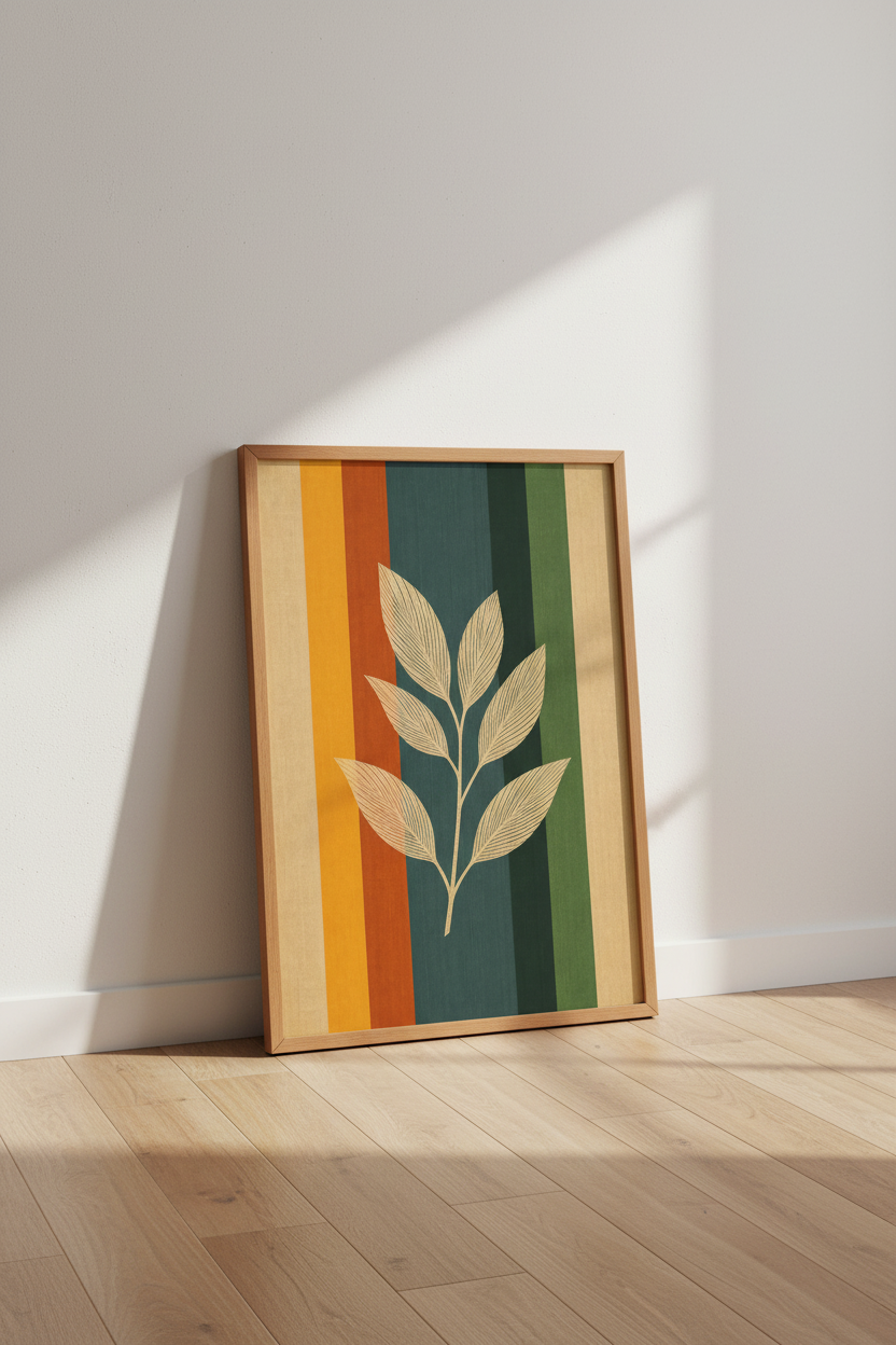 Mid Century Leaves Art | Retro Stripe Botanical Print, Living Room Decor