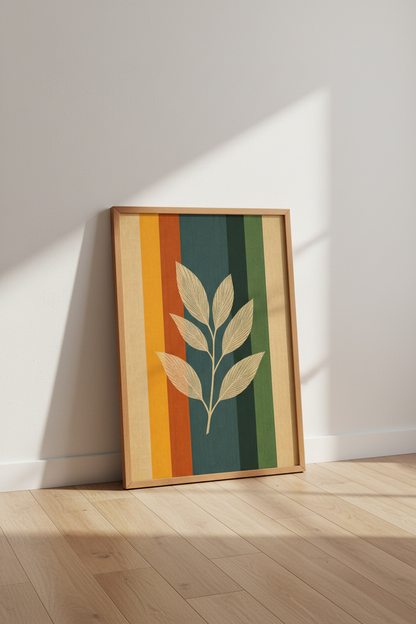 Mid Century Leaves Art | Retro Stripe Botanical Print, Living Room Decor