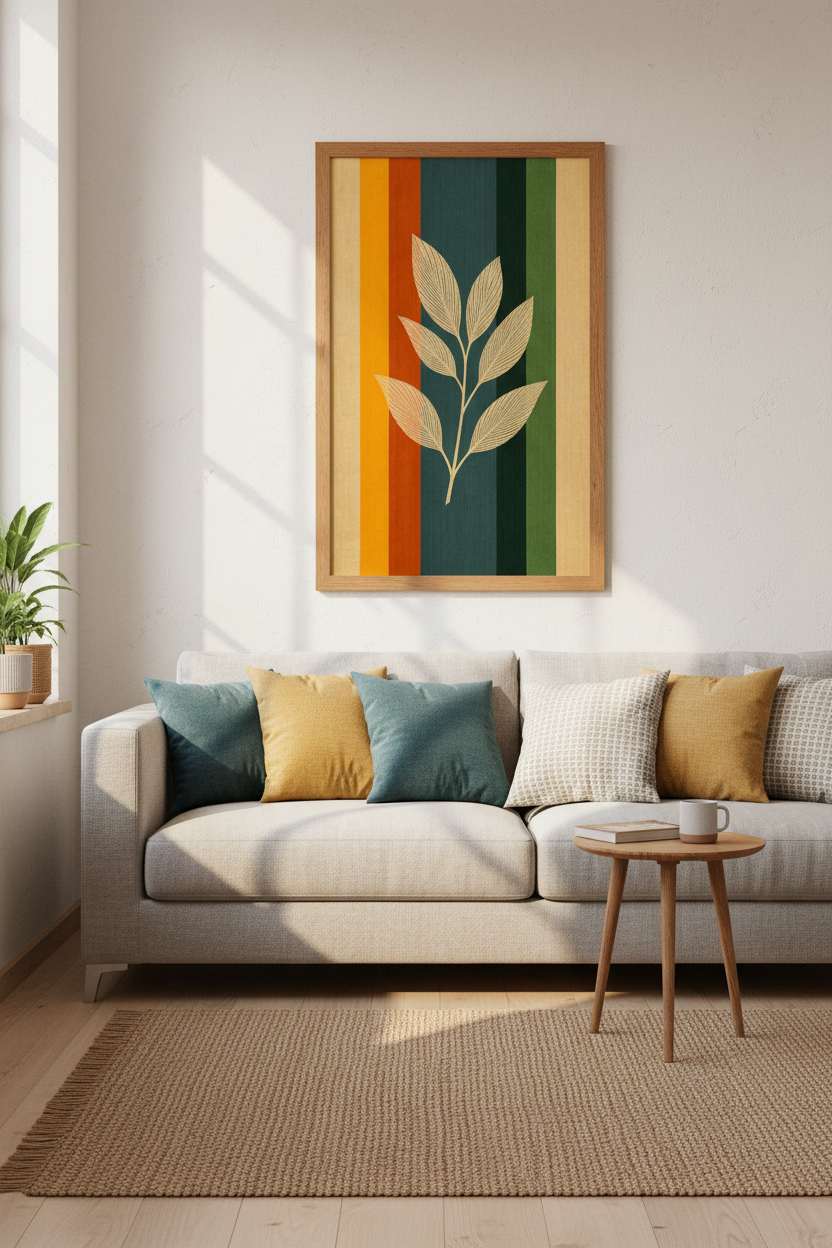 Mid Century Leaves Art | Retro Stripe Botanical Print, Living Room Decor