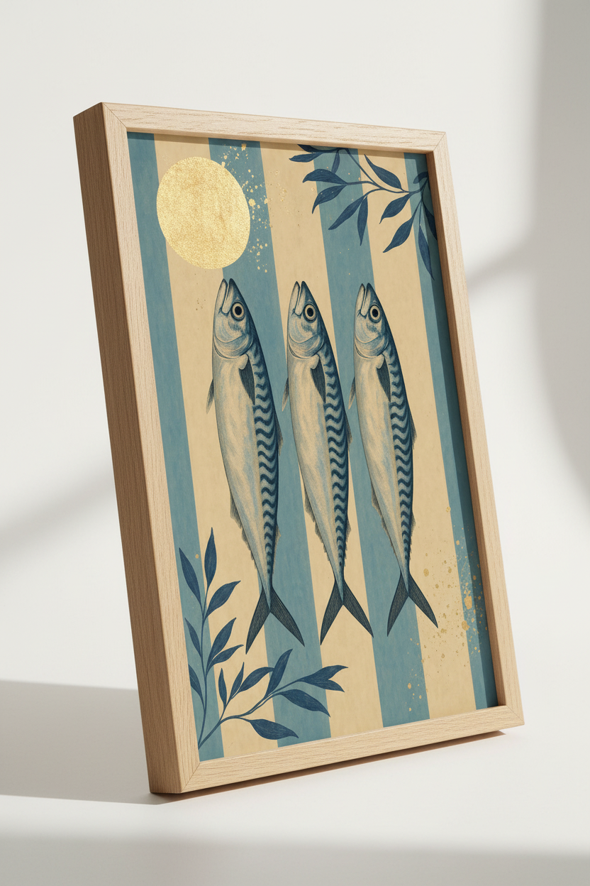 Mackerel Fish Wall Art | Coastal Blue Stripes Print, Kitchen &amp; Bathroom Decor