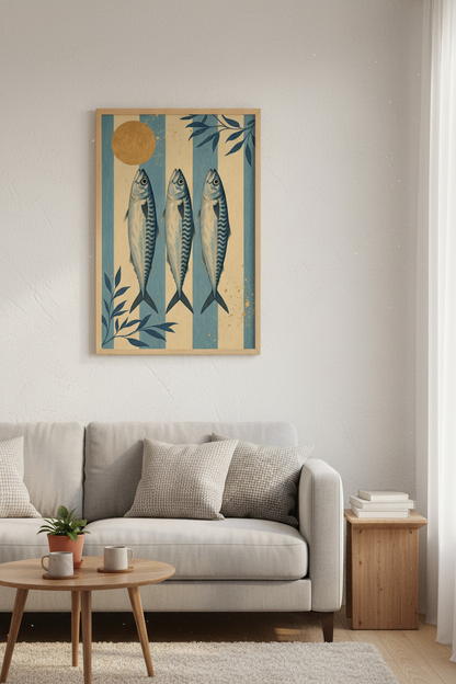 Mackerel Fish Wall Art | Coastal Blue Stripes Print, Kitchen &amp; Bathroom Decor