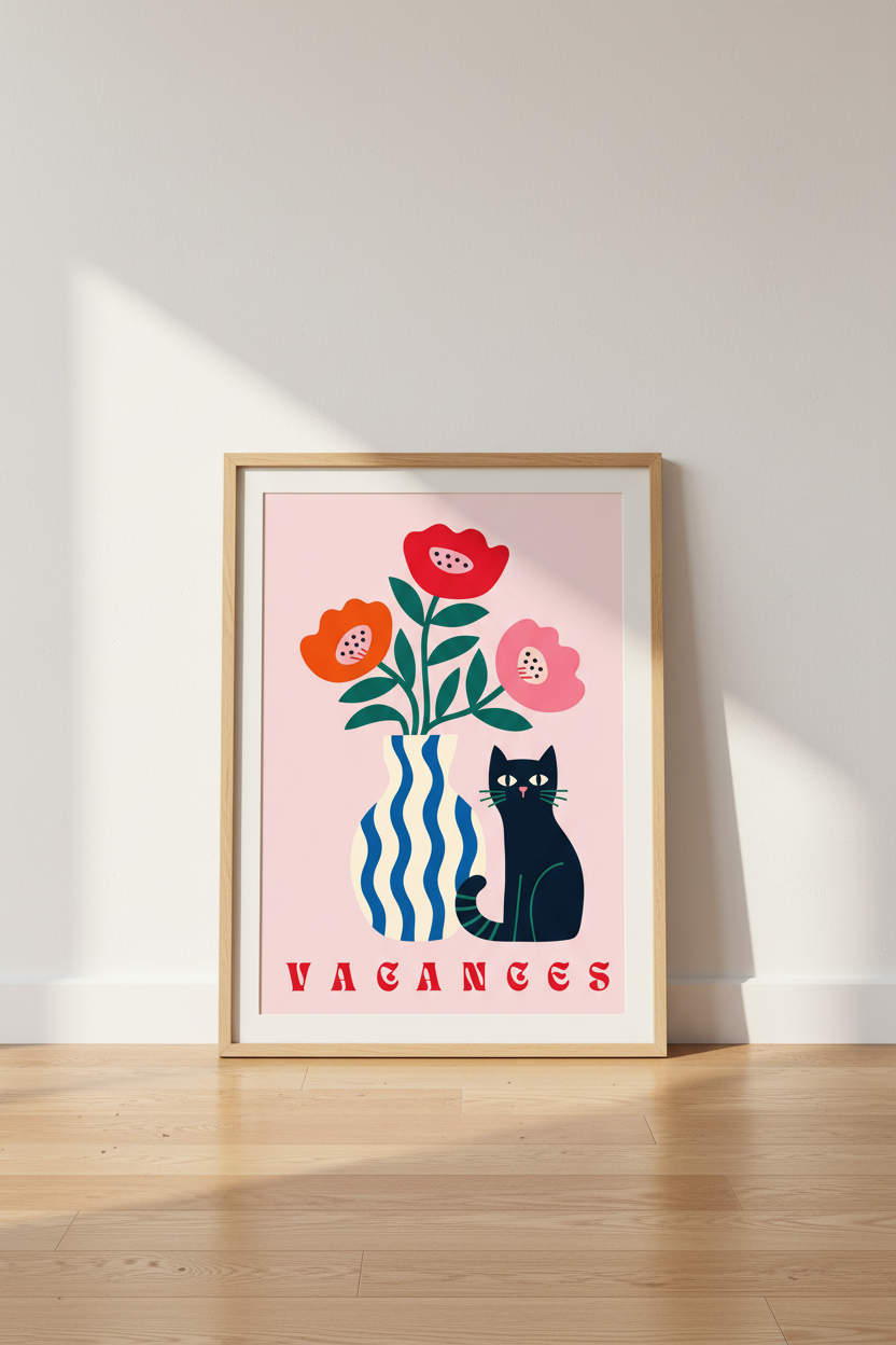 Black Cat &amp; Flowers Wall Art | French Vacances Poster, Colorful Kitchen Decor