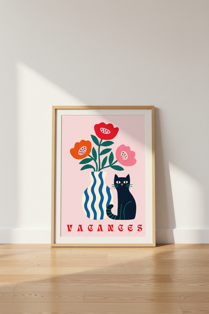 Black Cat &amp; Flowers Wall Art | French Vacances Poster, Colorful Kitchen Decor