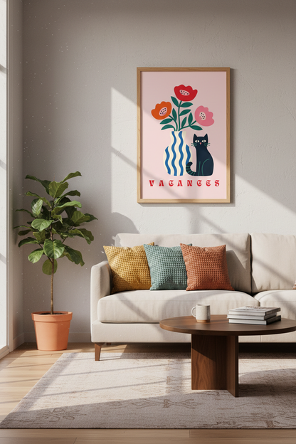 Black Cat &amp; Flowers Wall Art | French Vacances Poster, Colorful Kitchen Decor
