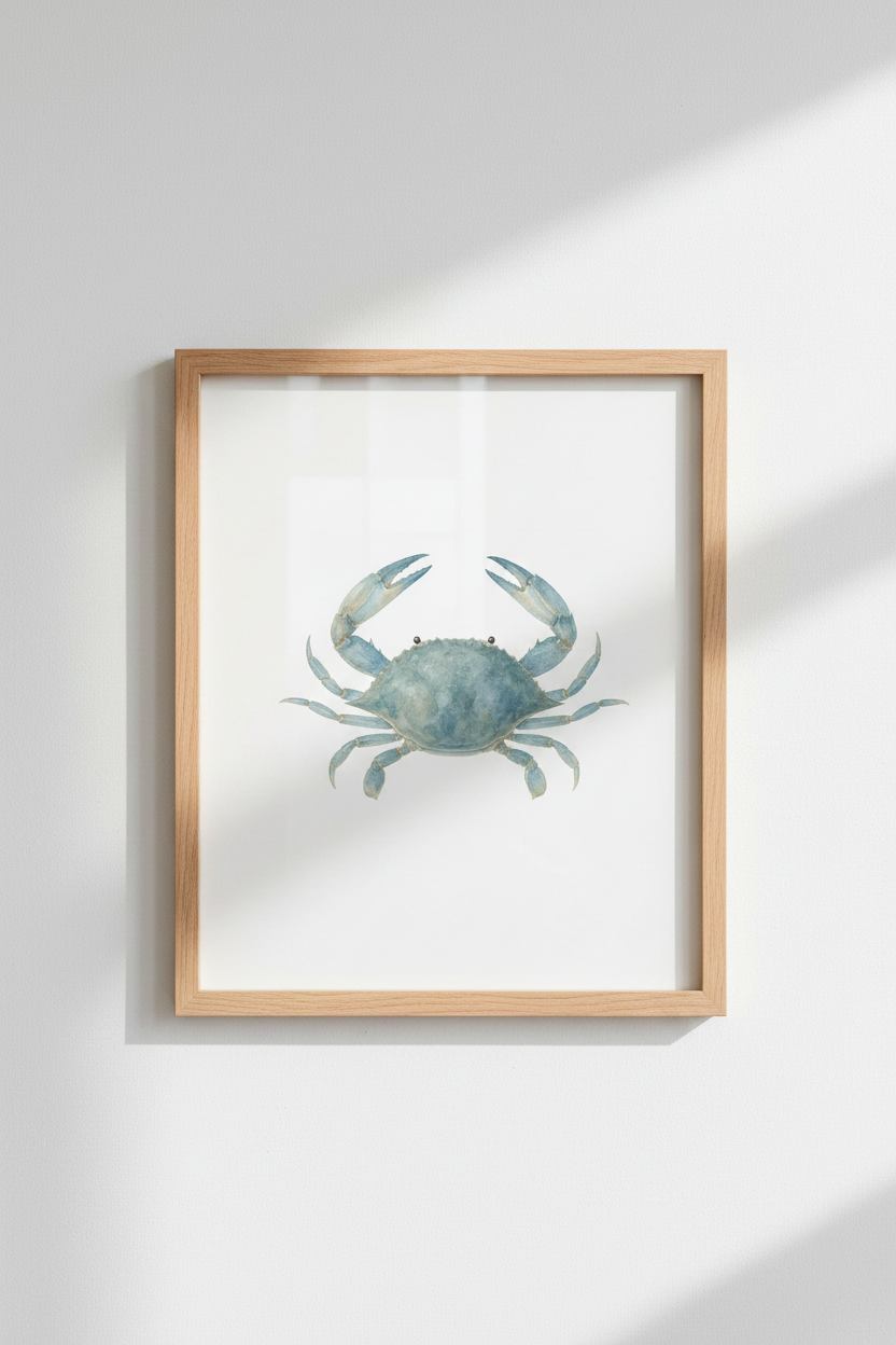 Blue Crab Watercolor Wall Art Print | Coastal Bathroom Decor | Nautical Poster