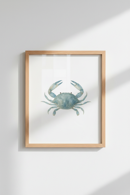 Blue Crab Watercolor Wall Art Print | Coastal Bathroom Decor | Nautical Poster