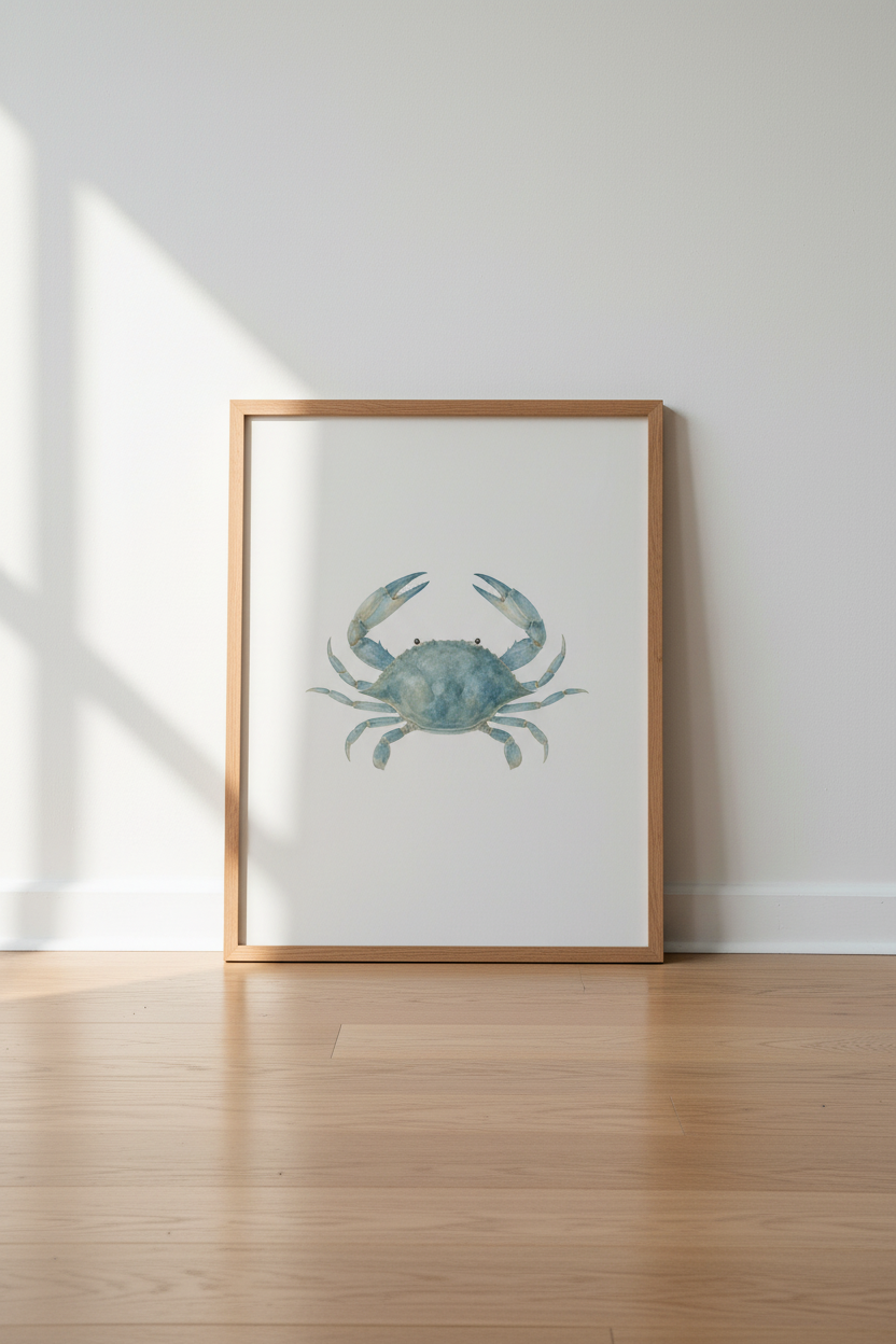 Blue Crab Watercolor Wall Art Print | Coastal Bathroom Decor | Nautical Poster