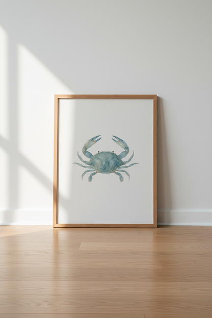 Blue Crab Watercolor Wall Art Print | Coastal Bathroom Decor | Nautical Poster
