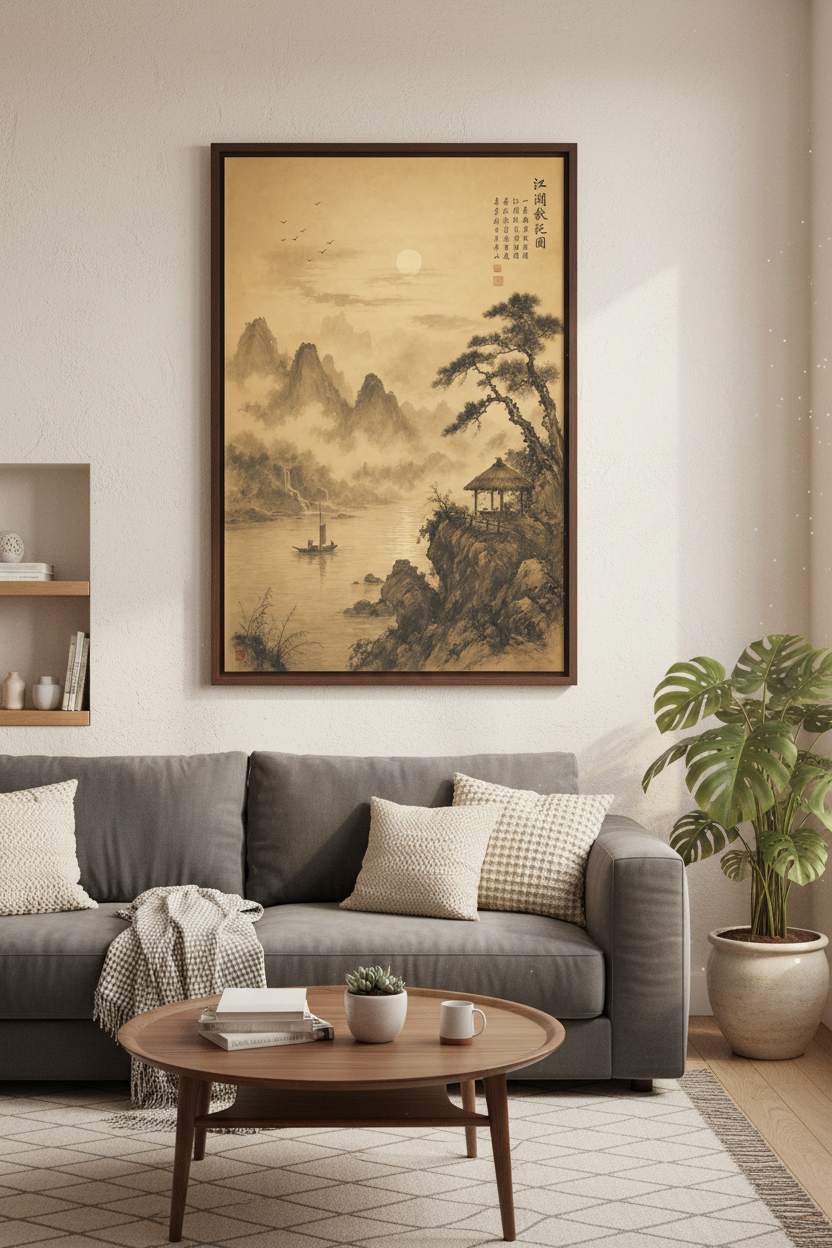 Chinese Mountain Ink Wash Wall Art | Sepia Landscape Poster, Zen Home Decor
