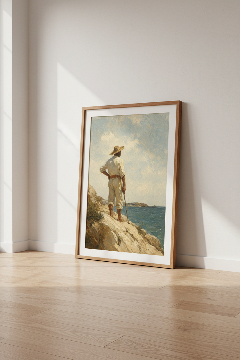 Fisherman on Coast | Impressionist Blue Sea Painting, Coastal Wall Art Print