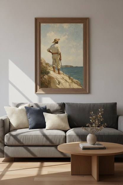 Fisherman on Coast | Impressionist Blue Sea Painting, Coastal Wall Art Print