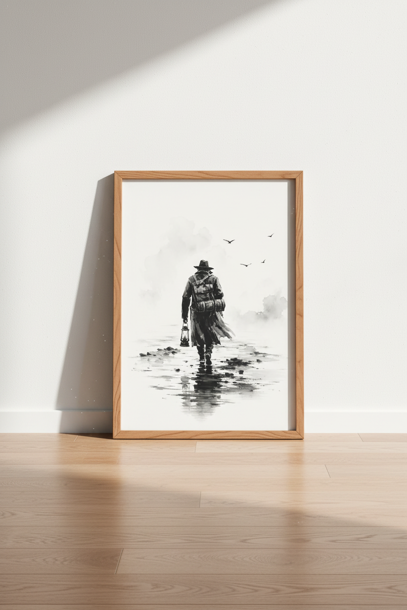 Traveler with Lantern Wall Art | Black and White Watercolor Poster, Modern Office Decor