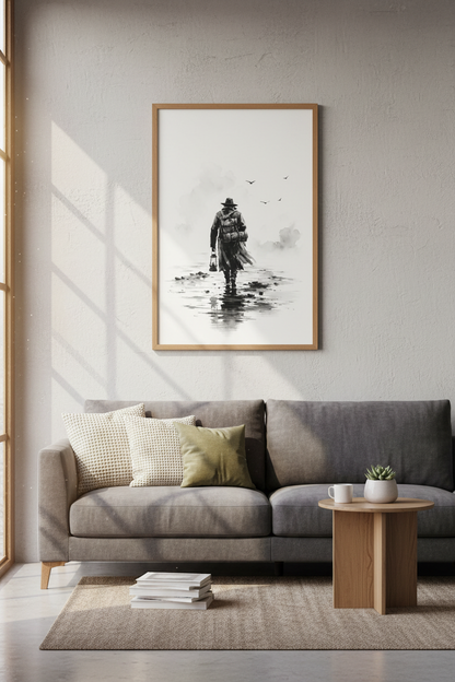 Traveler with Lantern Wall Art | Black and White Watercolor Poster, Modern Office Decor