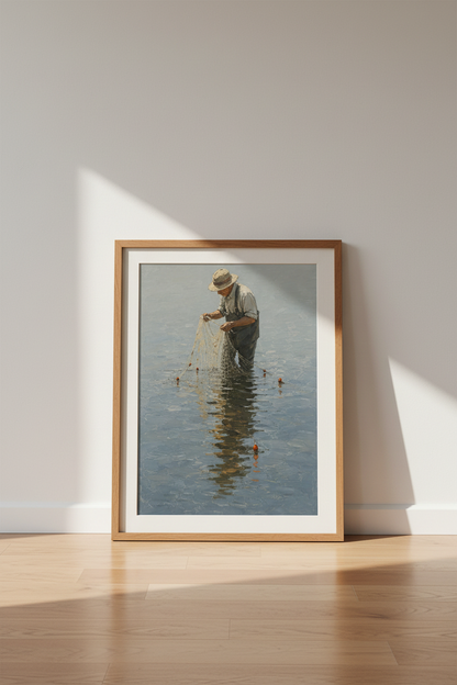 Fisherman Impressionist Oil Painting | Nautical Coastal Decor | Blue Grey Poster