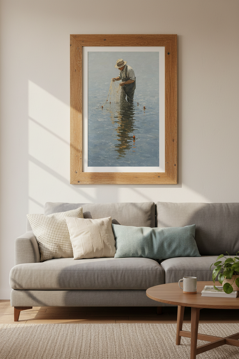 Fisherman Impressionist Oil Painting | Nautical Coastal Decor | Blue Grey Poster