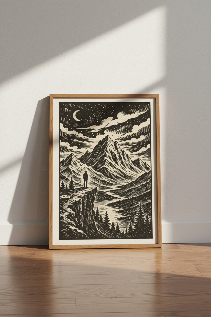 Mountain Hiker Wall Art Print | Black &amp; White Woodcut Decor | Nature Poster