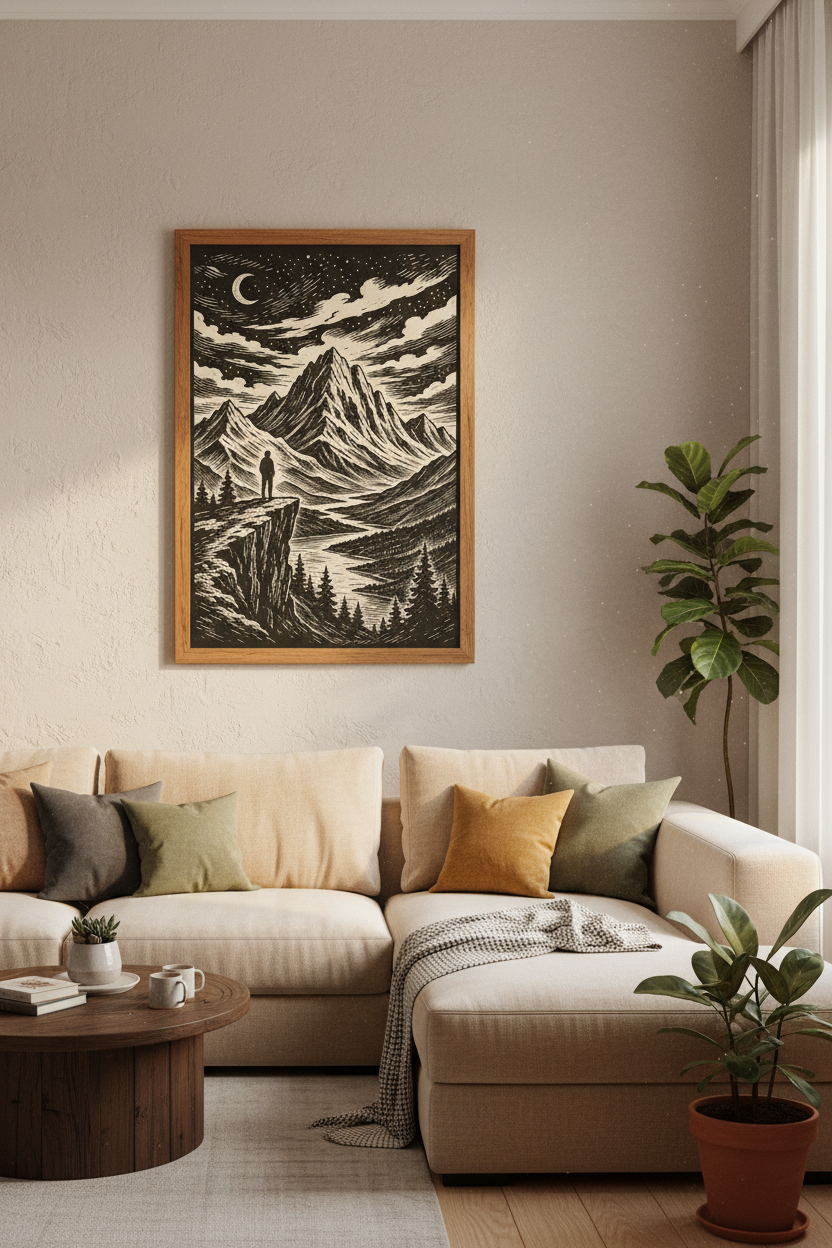 Mountain Hiker Wall Art Print | Black &amp; White Woodcut Decor | Nature Poster
