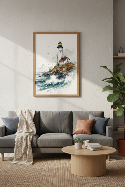 Lighthouse Watercolor Wall Art | Nautical Coastal Print, Beach House Decor