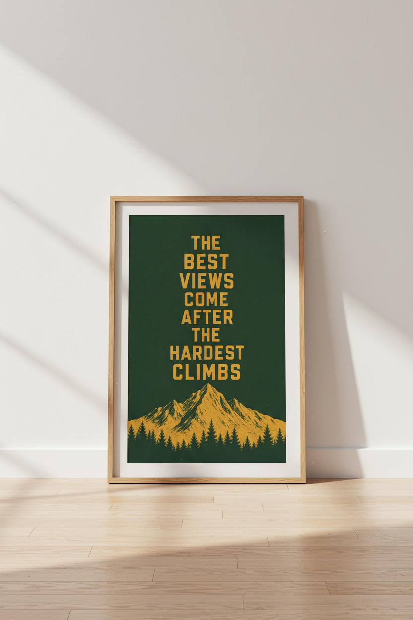 Mountain Quote Wall Art | Motivational Green &amp; Gold Poster, Home Office View