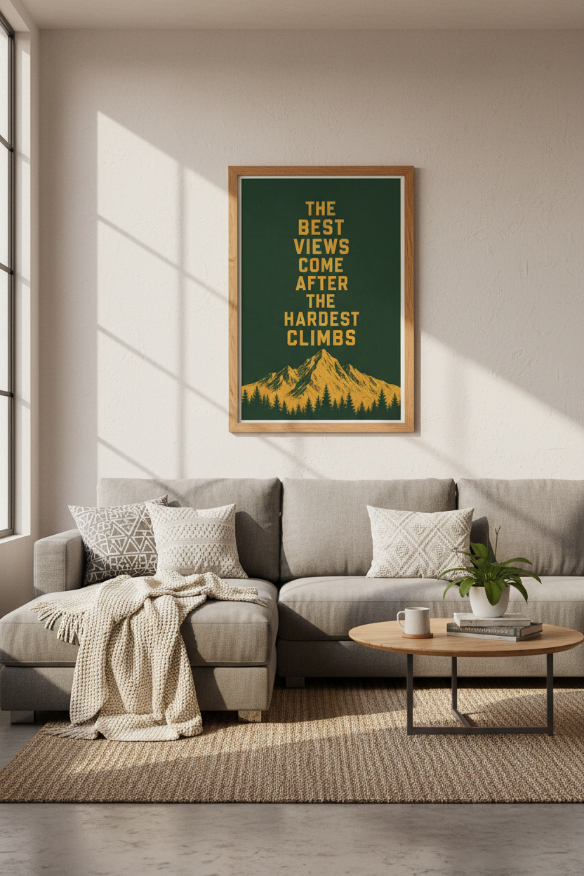 Mountain Quote Wall Art | Motivational Green &amp; Gold Poster, Home Office View