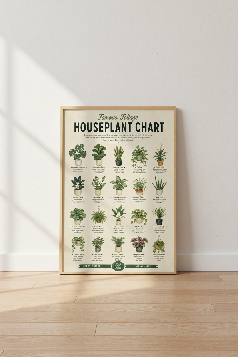 Houseplant Chart | Vintage Botanical Art Print, Living Room Plant Decor