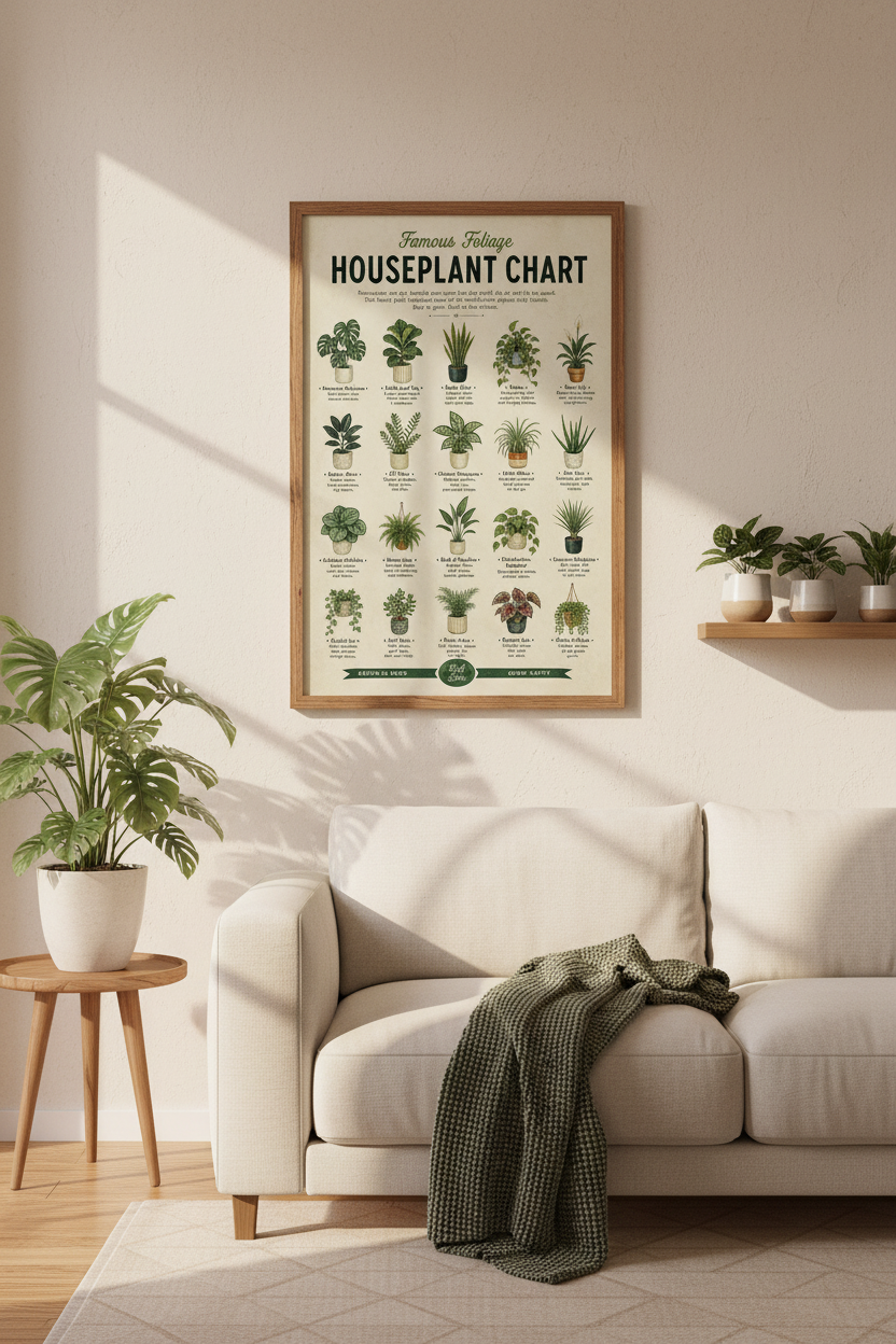 Houseplant Chart | Vintage Botanical Art Print, Living Room Plant Decor