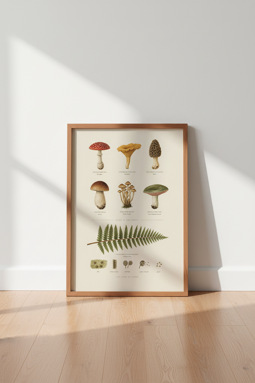Vintage Mushroom &amp; Fern Botanical Print | Forest Nature Decor | Cottagecore Poster