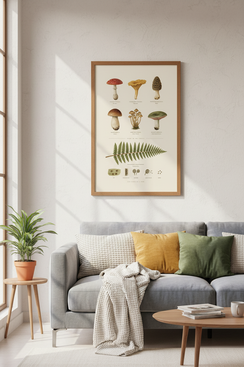 Vintage Mushroom &amp; Fern Botanical Print | Forest Nature Decor | Cottagecore Poster