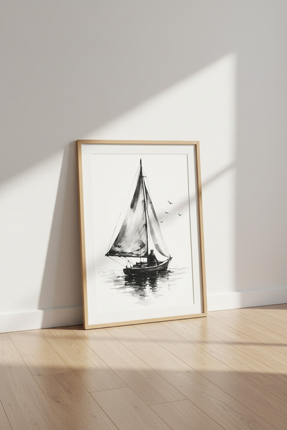 Sailboat Ink Wash Wall Art | Nautical Coastal Decor | Black and White Poster