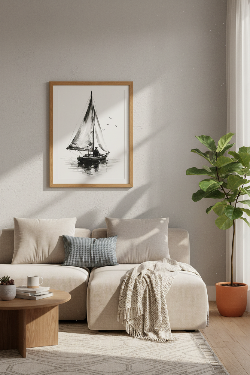 Sailboat Ink Wash Wall Art | Nautical Coastal Decor | Black and White Poster
