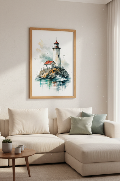 Lighthouse Watercolor Art | Coastal Nautical Print, Bathroom &amp; Living Room Decor