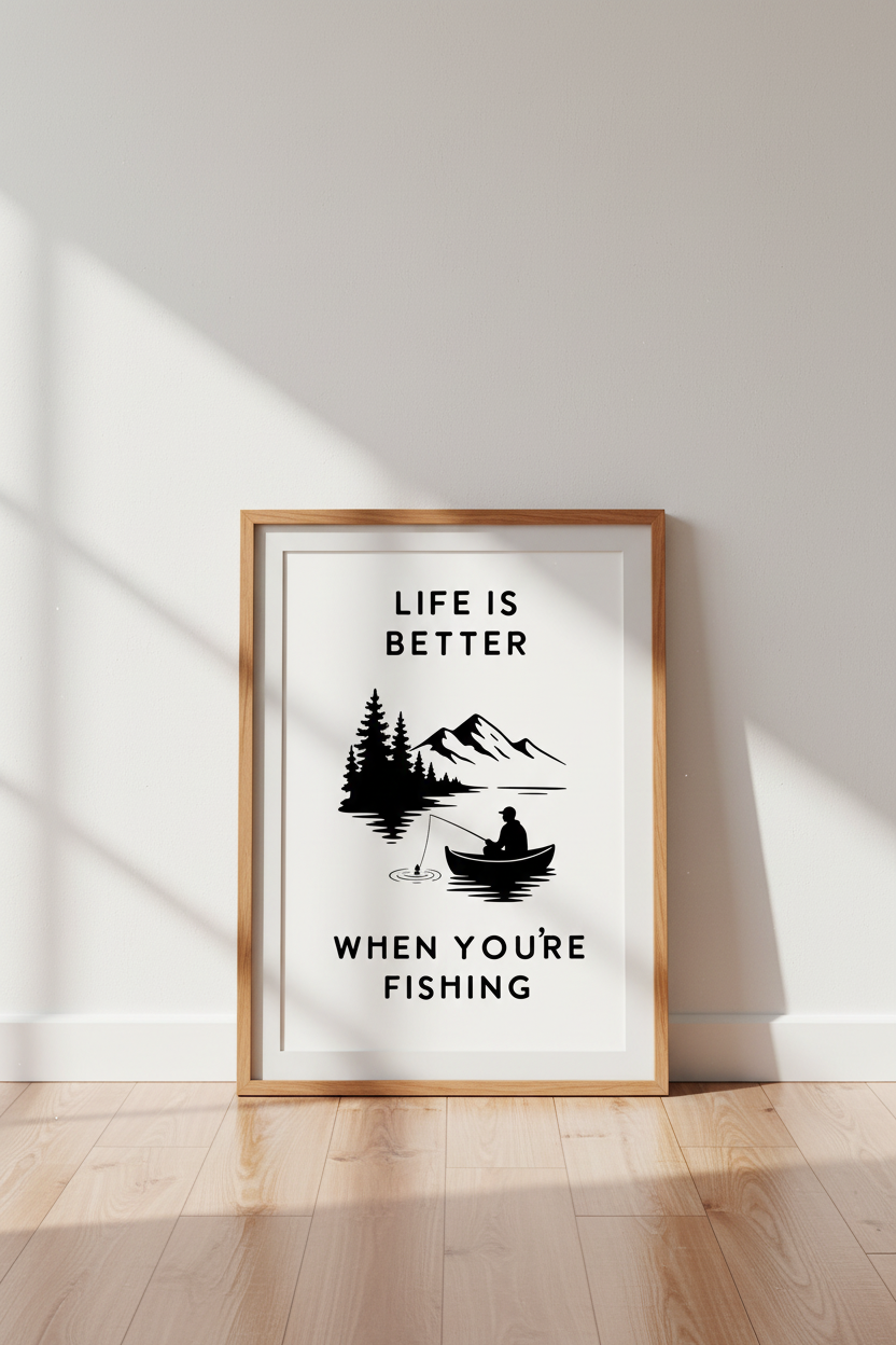 Fishing Life Quote Art | Minimalist Cabin Decor, Mountain Lake Poster
