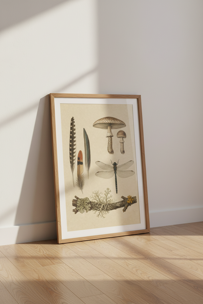 Vintage Nature Study Wall Art | Mushroom &amp; Dragonfly Poster | Woodland Botanical Decor