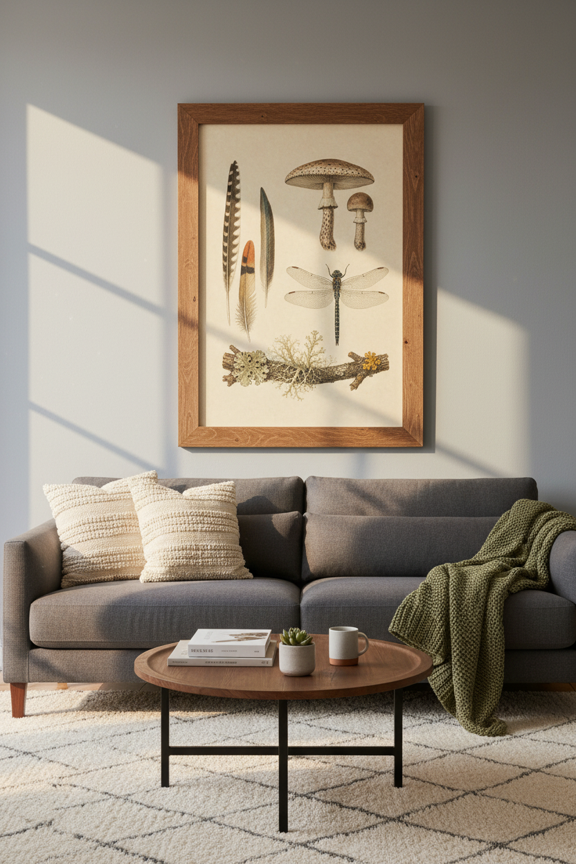 Vintage Nature Study Wall Art | Mushroom &amp; Dragonfly Poster | Woodland Botanical Decor