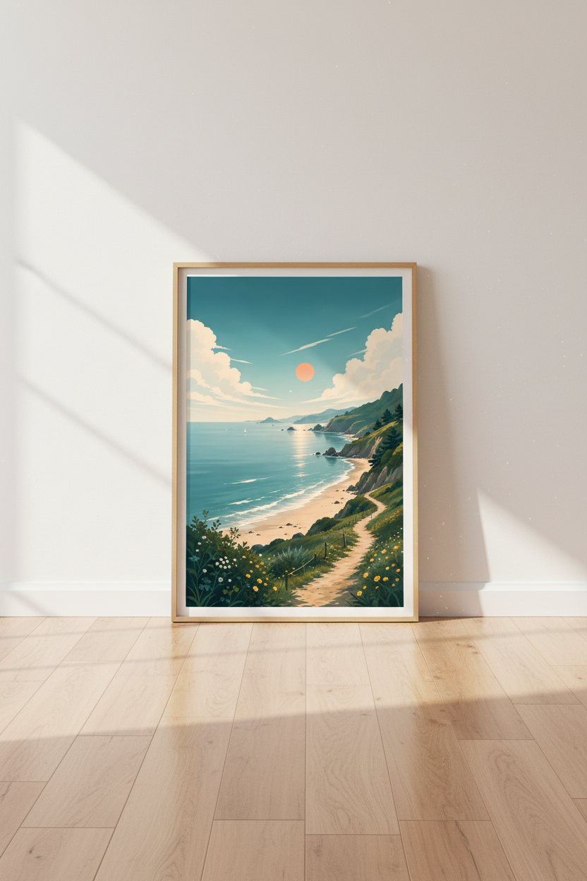 Coastal Landscape Wall Art Print | Minimalist Ocean Decor | Pastel Beach Poster
