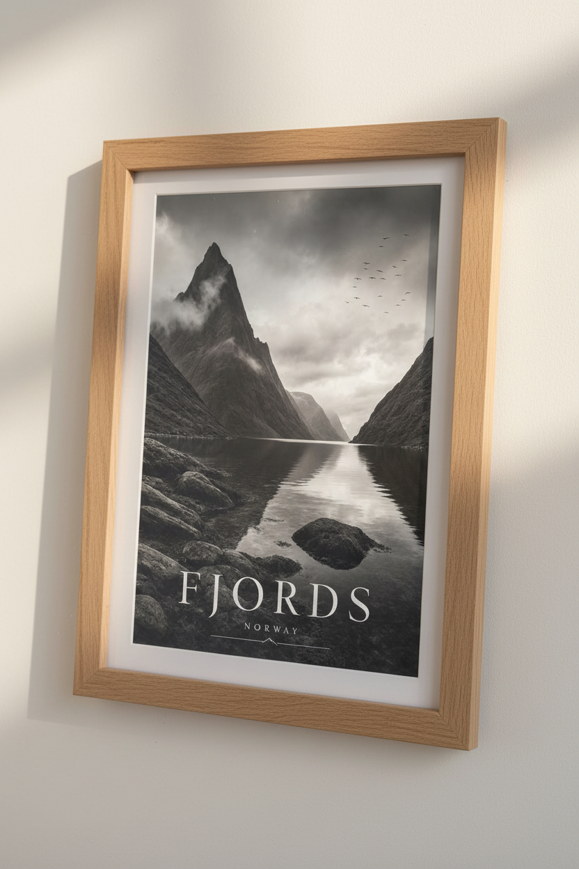 Norway Fjords Wall Art | Moody Black &amp; White Landscape, Living Room Decor