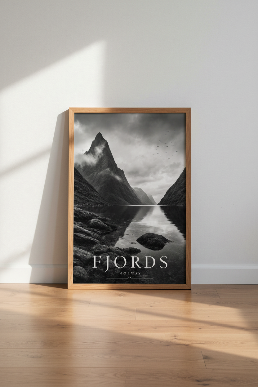 Norway Fjords Wall Art | Moody Black &amp; White Landscape, Living Room Decor