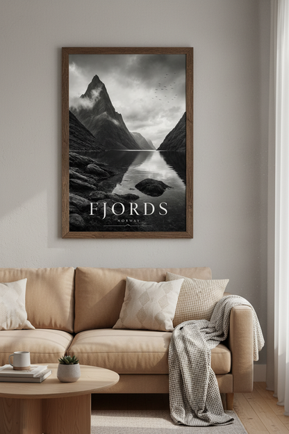 Norway Fjords Wall Art | Moody Black &amp; White Landscape, Living Room Decor