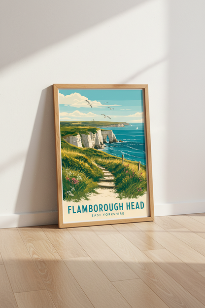 Flamborough Head Travel Poster | Coastal Yorkshire Wall Art, Vintage Seaside Print